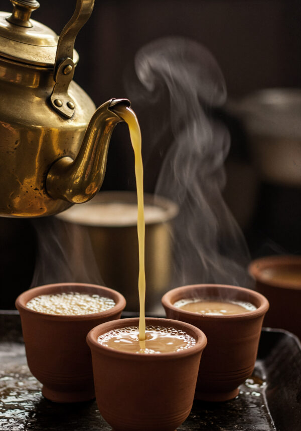 pouring tea into clay cups 600x857